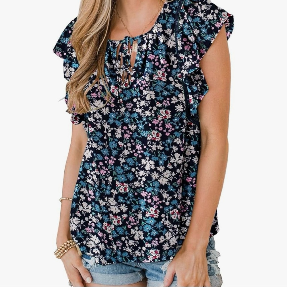Floral Print Ruffle Sleeve Casual Boho VNeck Loose Fit Blouse Medium New